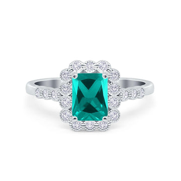 Halo Radiant Cut Wedding Ring Simulated Paraiba Tourmaline CZ 925 Sterling Silver
